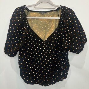 Madewell Top Womens Medium Corduroy Puff Sleeve Wrap Black Polka Dot 100% Cotton